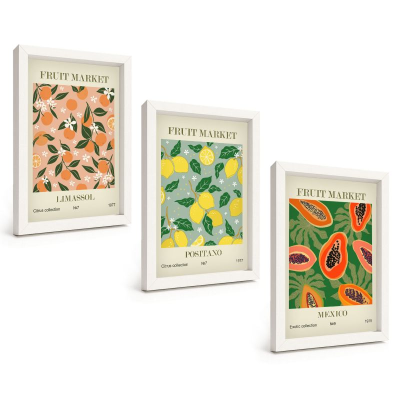 Zestaw 3 Obrazów w Białej Ramie ArtPrintCave 20x30 cm Galeria Ścienna Owoce cytrusy tropiki retro 1 kpl.