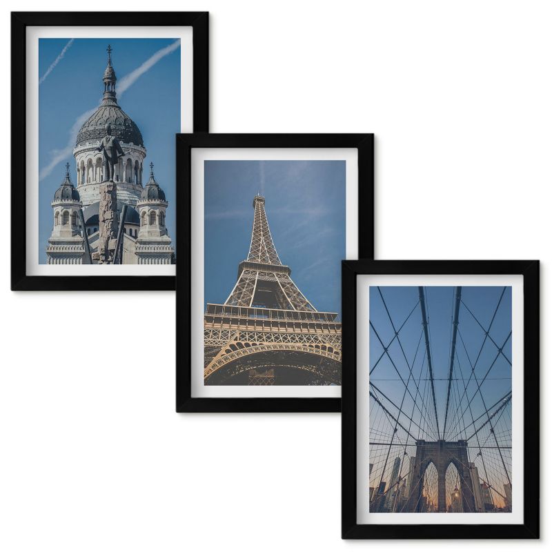 Tryptyk Obrazów w Ramie Wallfluent Widoki budowli z miast świata Czarna rama 20x30cm 3 szt.