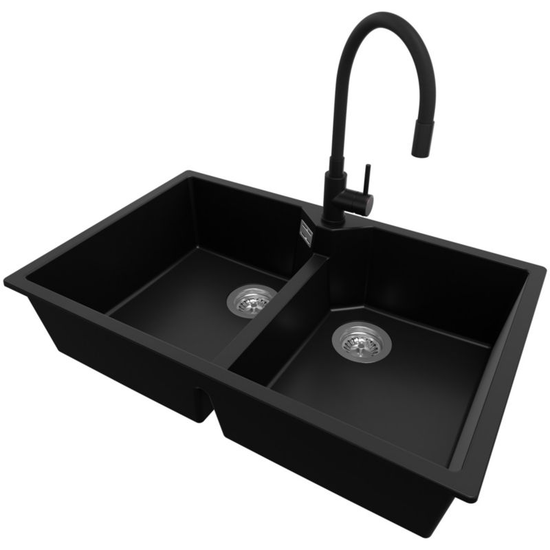 Zlewozmywak Granitowy Madryt Twin PRIMAGRAN Nablatowy 78x50cm do Szafki od 80cm, Czarny + Bateria 38x14cm + Syfon, S021, 1 szt.