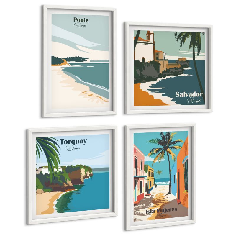 Komplet 4 Obrazów ArtPrintCave (2x50x50+2x40x60cm) Biała rama Tropikalne plaże i palmy 1 kpl.