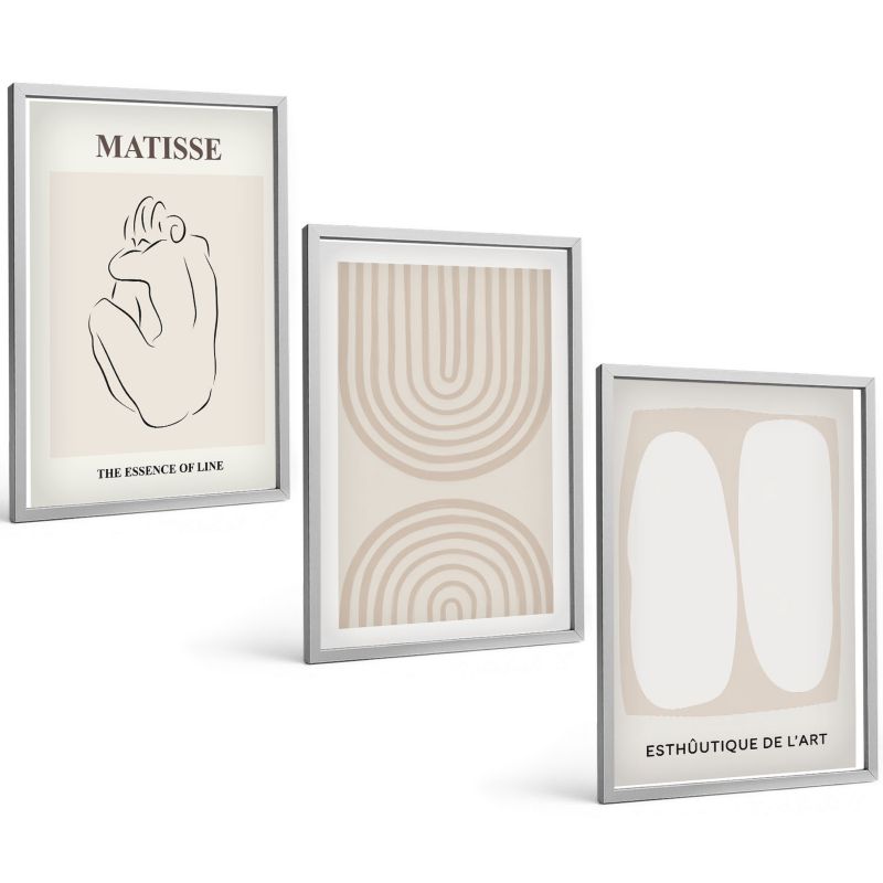 Trzyczęściowy Zestaw Obrazów ArtPrintCave 40x60 cm Srebrna rama Stylowe linie minimalistyczne 1 kpl.