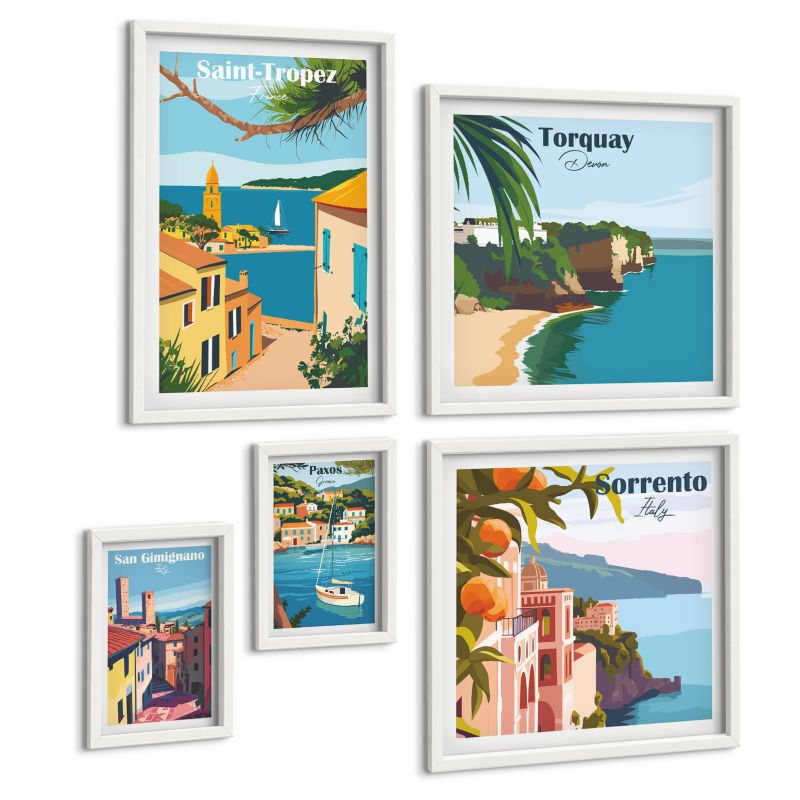 Pięcioczęściowy Zestaw Obrazów ArtPrintCave (2x50x50+2x20x30+40x60cm) Biała rama Retro ilustracje miast świata 1 kpl.