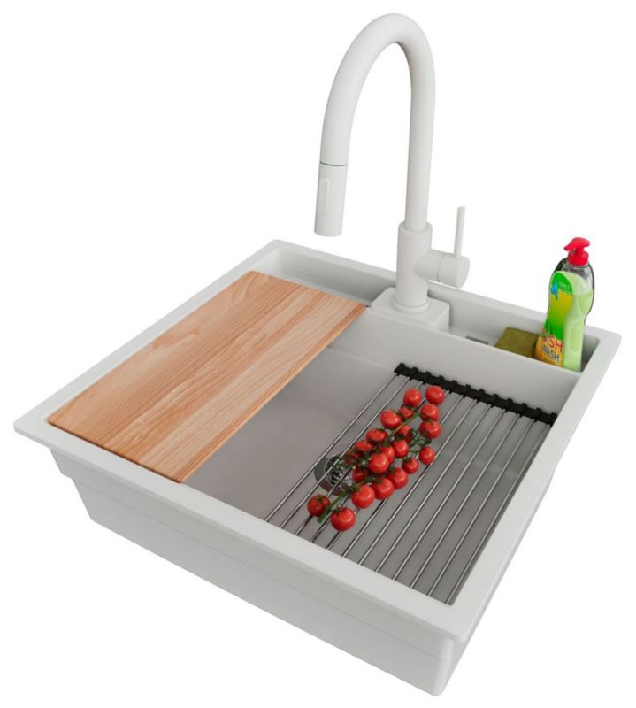 Zlewozmywak podblatowy Bergen Double Pocket PRIMAGRAN 56x54cm do Szafki od 60cm, Biały + Bateria 40x20cm + Syfon, S046, 1 szt.