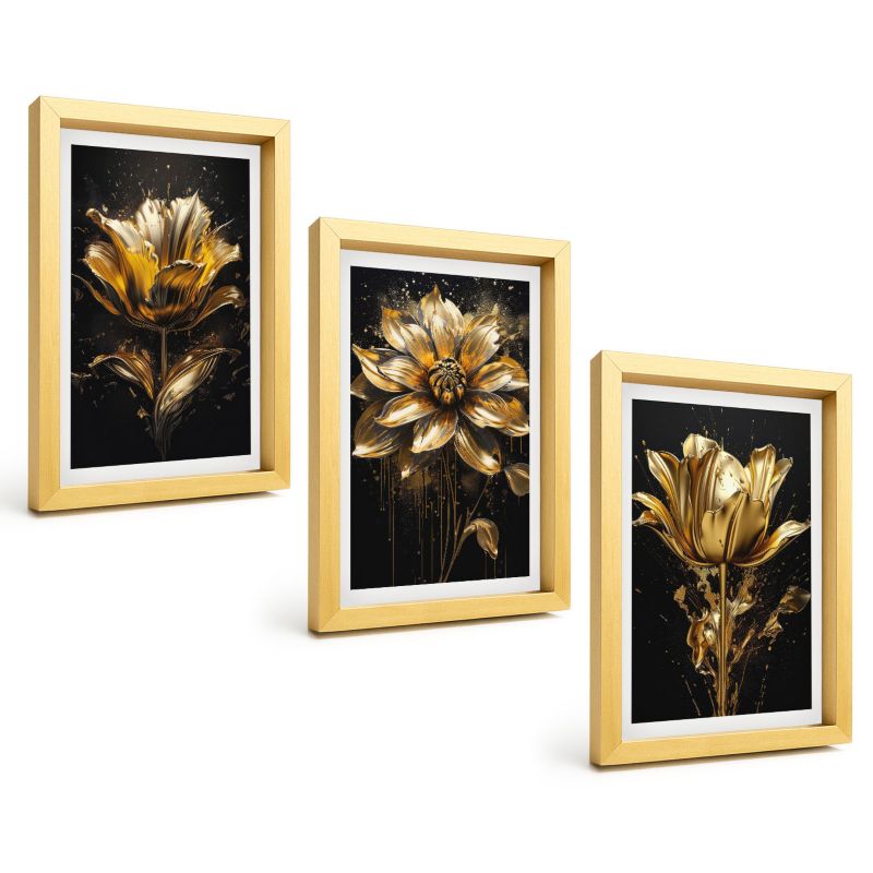 Galeria 3 Obrazów w Złotej Ramie ArtPrintCave 20x30 cm Komplet ścienny Kwiaty żółte ciemne tło 1 kpl.