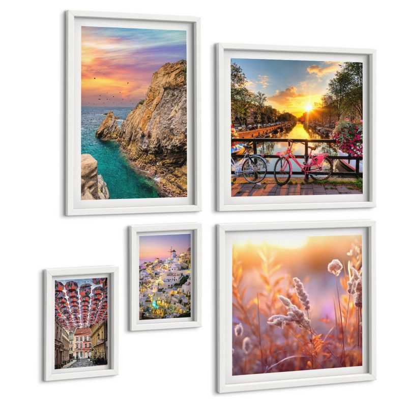 Pięcioczęściowy Zestaw Obrazów ArtPrintCave (2x50x50+2x20x30+40x60cm) Biała rama Nadmorskie zachody słońca 1 kpl.