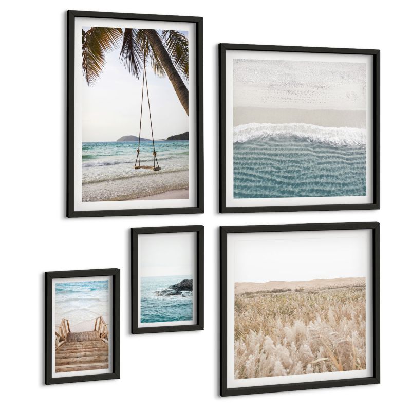 Pięcioczęściowy Zestaw Obrazów ArtPrintCave (2x50x50+2x20x30+40x60cm) Czarna rama Schody plaża widok morze huśtawka 1 kpl.