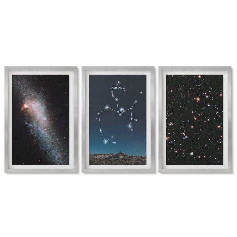 Trzy obrazy w srebrnej ramie zestaw Tulup 40x60 cm Galaktyki konstelacje kosmos Strzelec Galeria ścienna 1 kpl