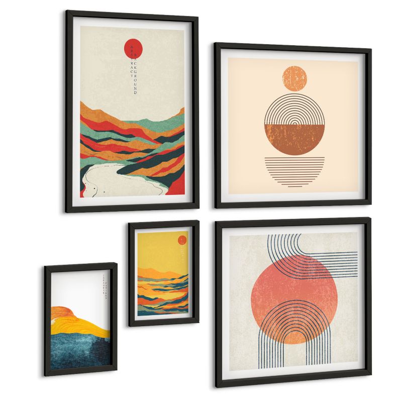 Zestaw 5 Obrazów ArtPrintCave (2x50x50+2x20x30+40x60cm) Czarna rama Abstrakcyjne górskie pejzaże 1 kpl.