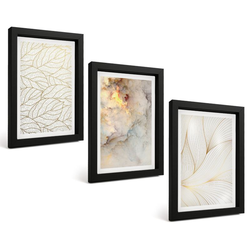 Galeria 3 Obrazów w Czarnej Ramie ArtPrintCave 20x30 cm Komplet ścienny Liście wzory marmur abstrakcyjny 1 kpl.