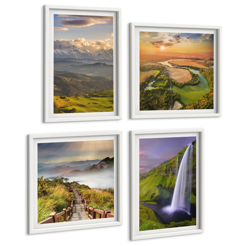Zestaw Obrazów 4 Częściowy ArtPrintCave (2x50x50+2x40x60cm) Biała rama Widoki gór rzeki wodospadów 1 kpl.
