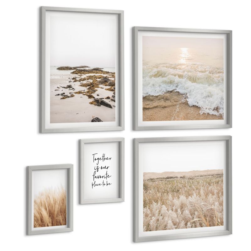 Pięcioczęściowy Zestaw Obrazów ArtPrintCave (2x50x50+2x20x30+40x60cm) Srebrna rama Pola trawy plaża boho styl 1 kpl.