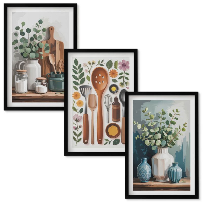 Set Obrazów w Ramie Wallfluent Kuchenne roślinne akcesoria Czarna rama 40x60 cm 3 szt.