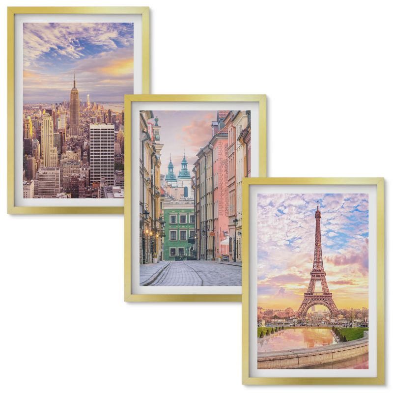Obrazy do Salonu Wallfluent Miasta Nowy Jork Paryż zmierzch Złota rama 40x60 cm 3 szt.