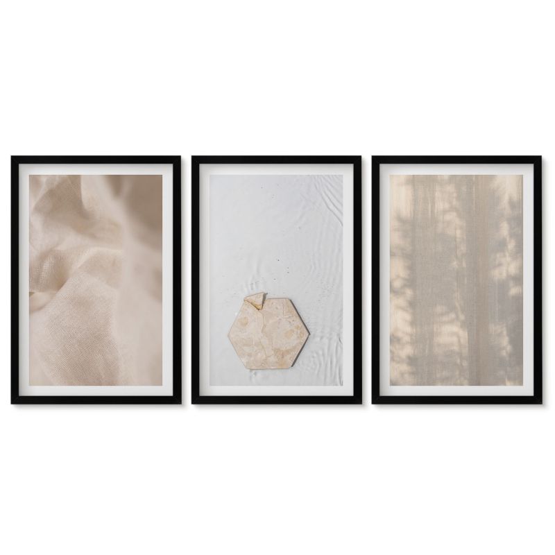 Trzy obrazy w czarnej ramie zestaw Tulup 40x60 cm Ttekstury boho natura Obrazy nad biurko zestaw czarna rama 1 kpl