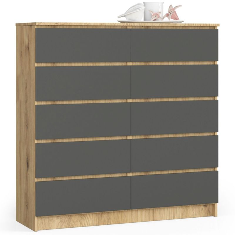 Komoda Akord K120 Dąb Artisan 120 cm 10 szuflad kolor Grafit Szary mat 120x40x121 cm 1 szt.