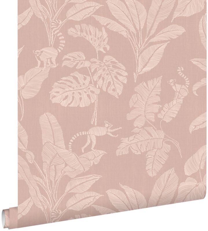 Tapeta ESTAhome małpy i liście dżungli starego różu 50 x 900 cm - 1 rol.