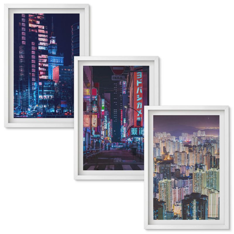 Obrazy Do Sypialni Wallfluent Nocne miasto neonowe światła Biała rama 40x60 cm 3 szt.