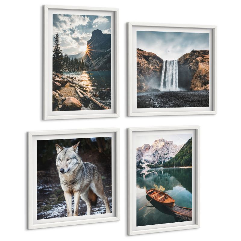 Czteroczęściowy Zestaw Obrazów ArtPrintCave (2x50x50+2x40x60cm) Biała rama Góry jeziora wodospad wilk 1 kpl.