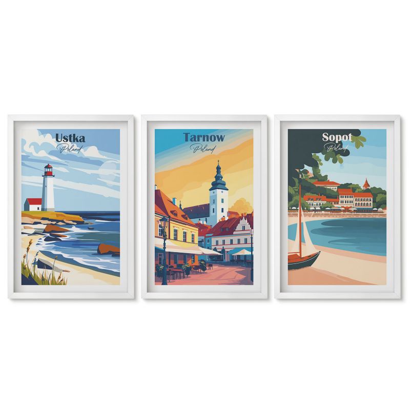 Obrazy w białej ramie Tulup 40x60 cm Widoki miast Ustka Tarnów Sopot Tryptyk 1 kpl