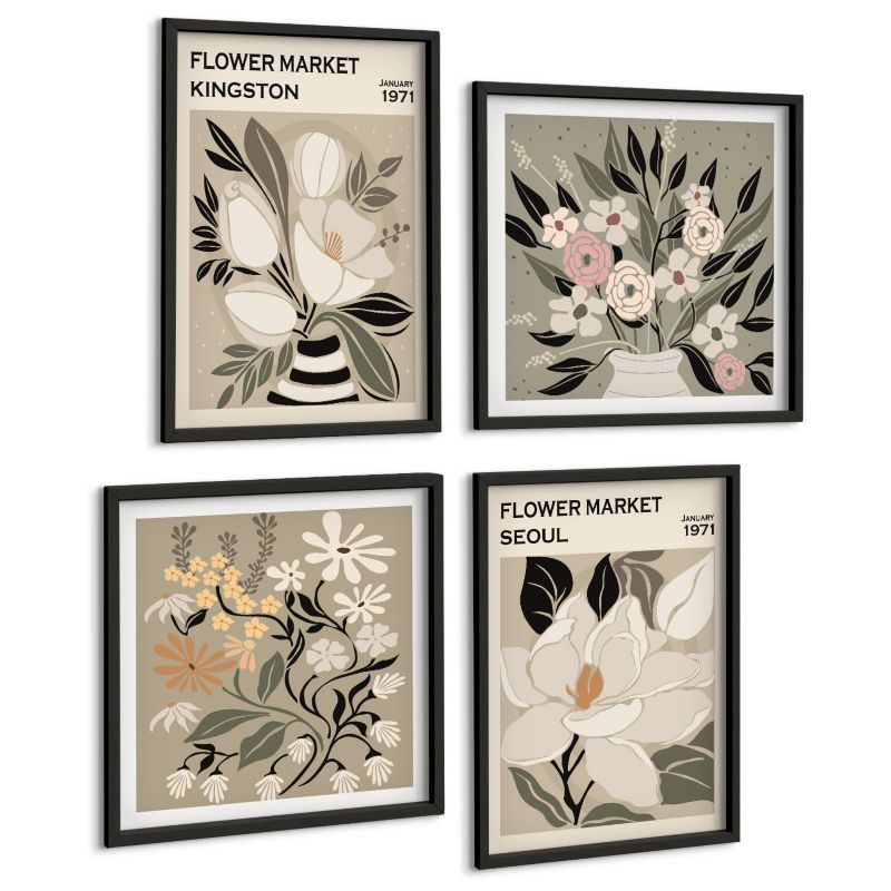 Zestaw Obrazów 4 Częściowy ArtPrintCave (2x50x50+2x40x60cm) Czarna rama Kwiaty retro z miast świata 1 kpl.