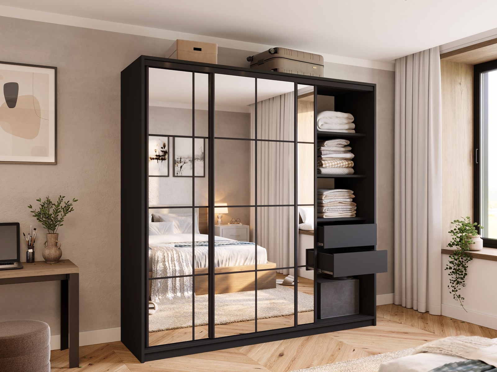 Minimalistyczna szafa przesuwna z lustrem 200 cm OPTICA
