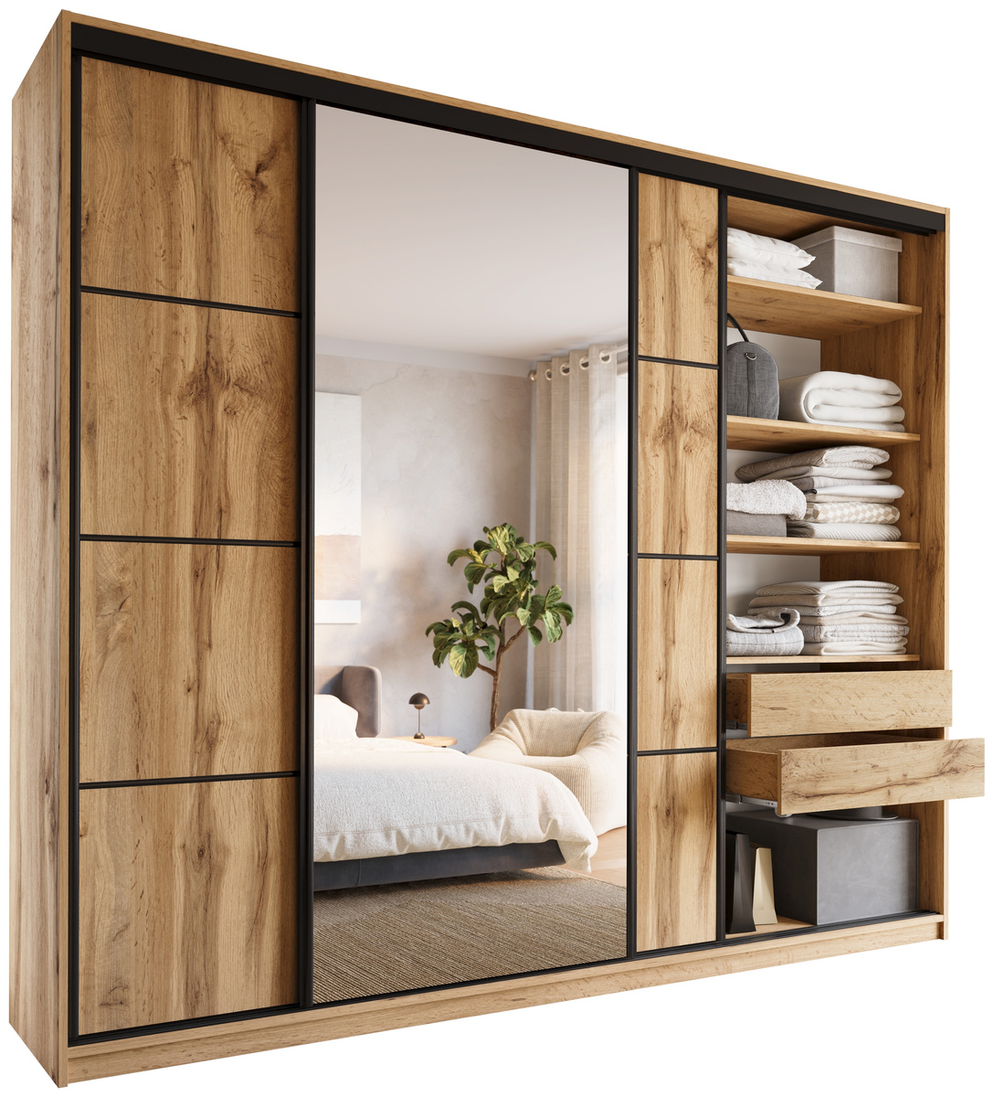 Pojemna szafa przesuwna z lustrem 280 cm LOFT MAX dąb wotan