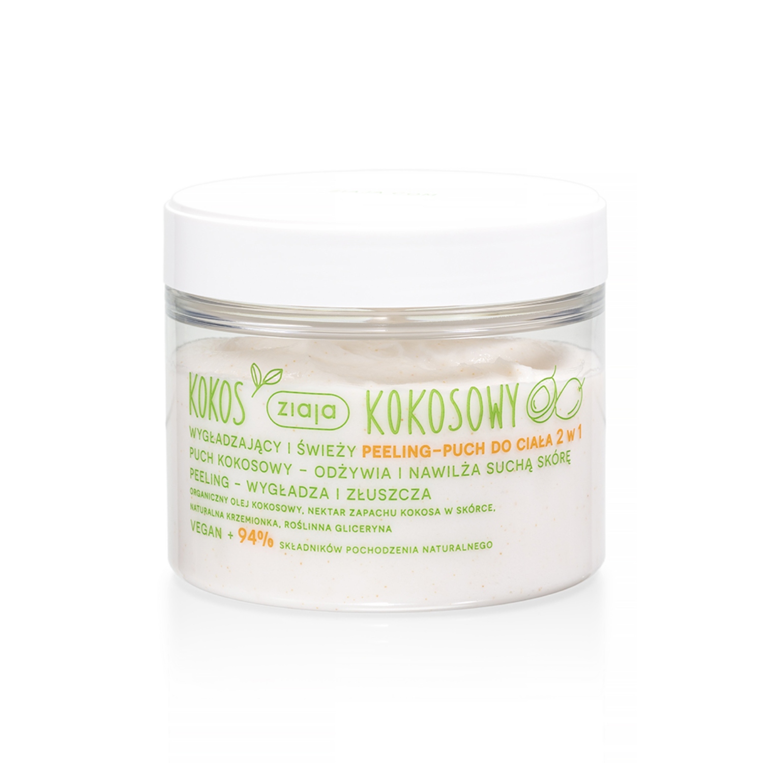 Ziaja - wygładzający i świeży peeling-puch do ciała 2 w 1, kokosowy, 270 ml