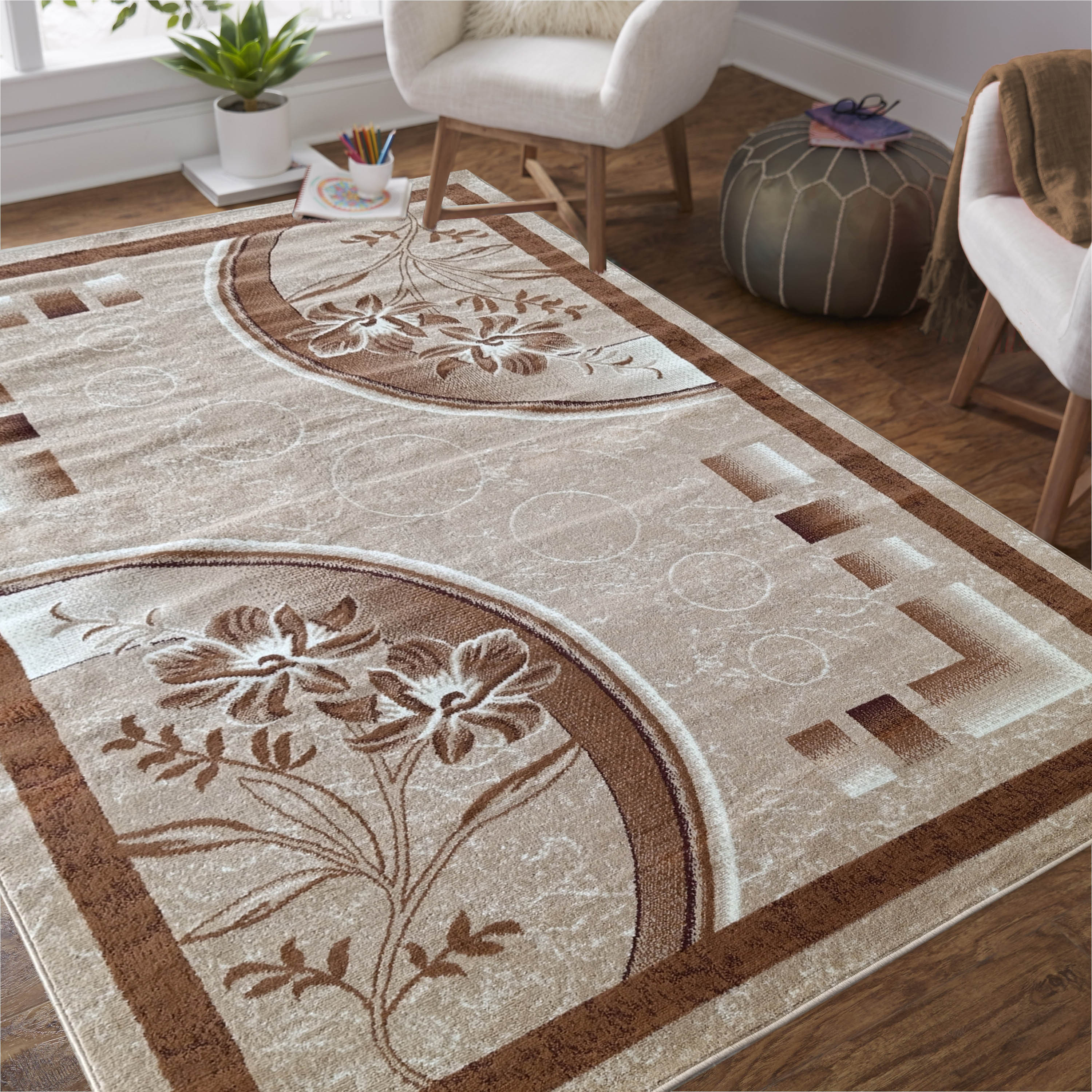 Dywan - 150 x 210 cm - Beżowy z brązowym - Klasyczny - Dywanopol