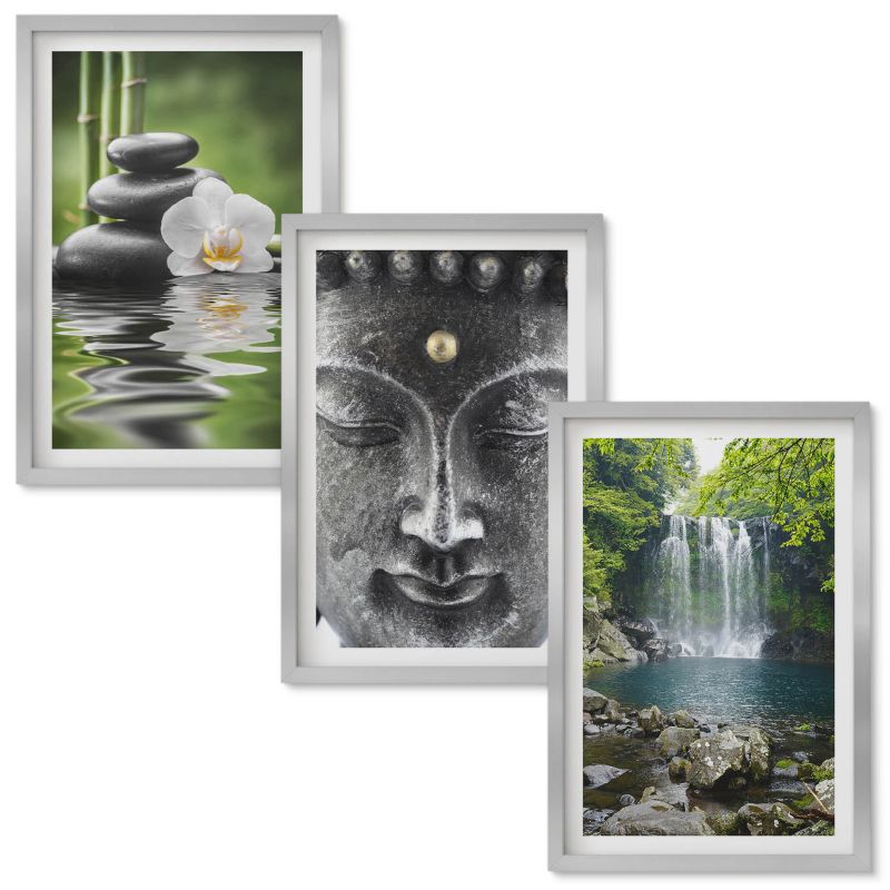 Tryptyk w Ramie Wallfluent Harmonia kamienie woda Budda Srebrna rama 40x60 cm 3 szt.