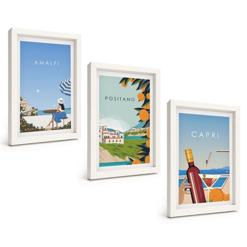 Galeria 3 Obrazów w Białej Ramie ArtPrintCave 20x30 cm Komplet ścienny Amalfi Positano i Capri 1 kpl.