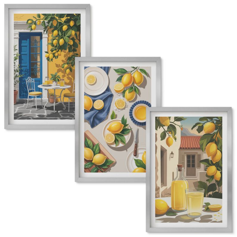 Obraz Ścienny Zestaw Wallfluent Cytrynowy ogród z napojami Srebrna rama 40x60 cm 3 szt.