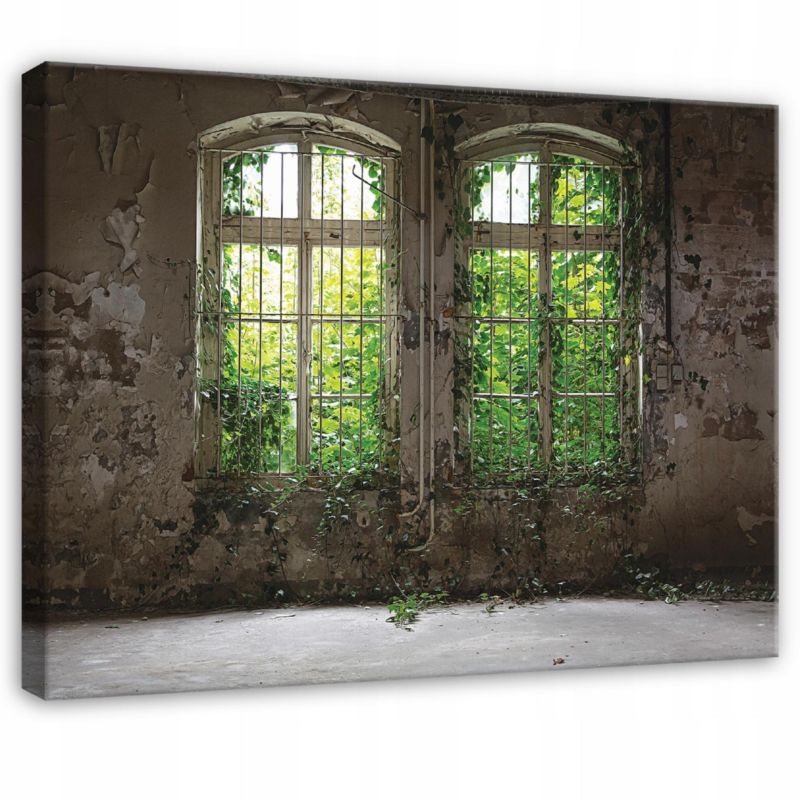 Obraz WALLARENA Do Sypialni Salonu Na Płótnie Okno 3D Stary budynek Las Zielony 120x80 cm PP14536O20 1 szt.