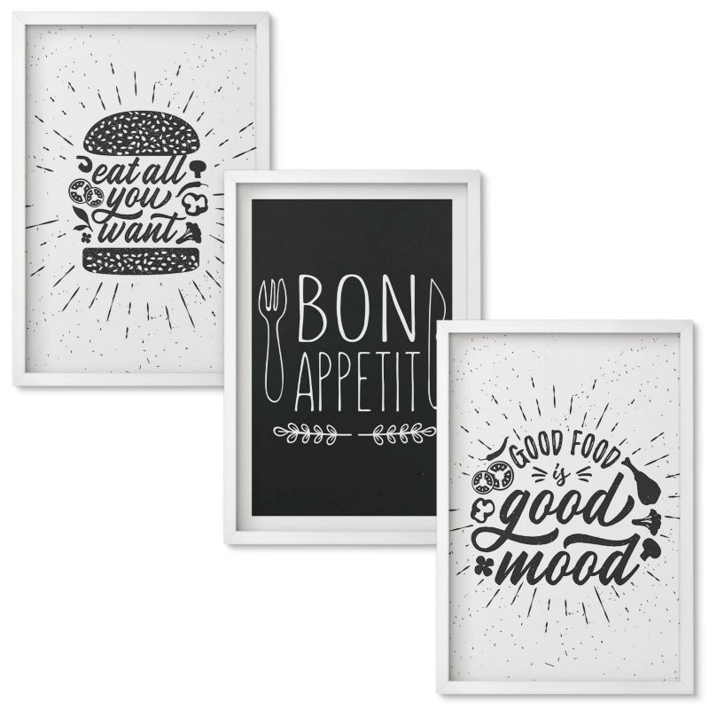 Obraz Ścienny Zestaw Wallfluent Grafika jedzenie hasła kulinarne Biała rama 40x60 cm 3 szt.