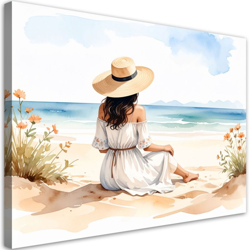 Obraz do salonu sypialni Feeby Kobieta w kapeluszu na plaży 100x70cm 1szt