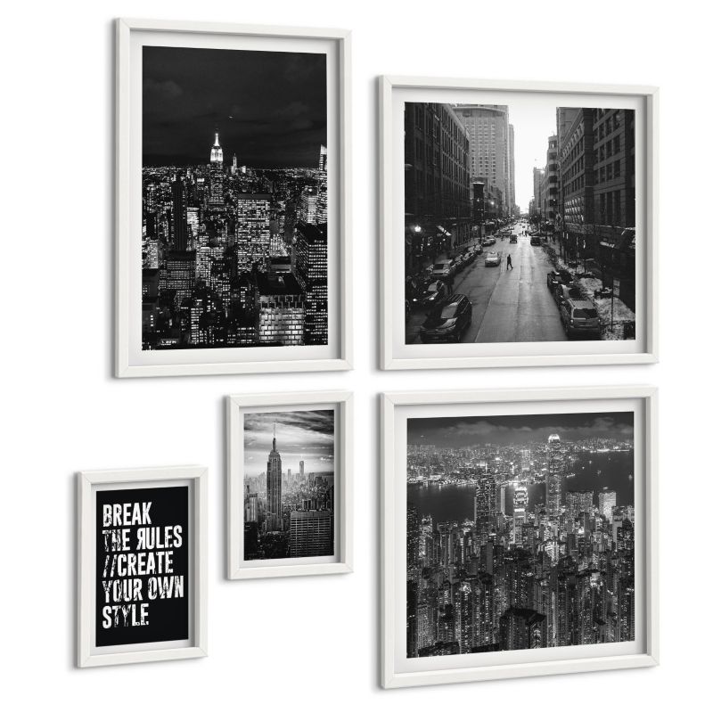 Zestaw 5 Obrazów ArtPrintCave (2x50x50+2x20x30+40x60cm) Biała rama Ulice miasta czarno-białe inspiracja 1 kpl.