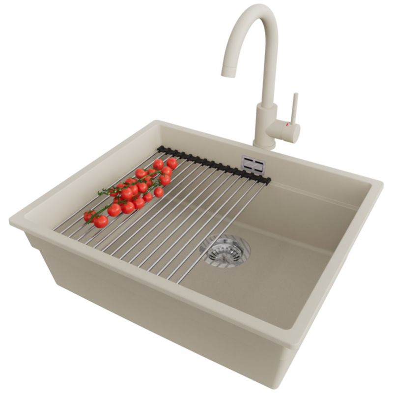 Zlewozmywak Granitowy Praga Level Slim PRIMAGRAN Nablatowy 56x47cm, Beżowy + Bateria + Syfon + Akcesorium, S288, 1 szt.