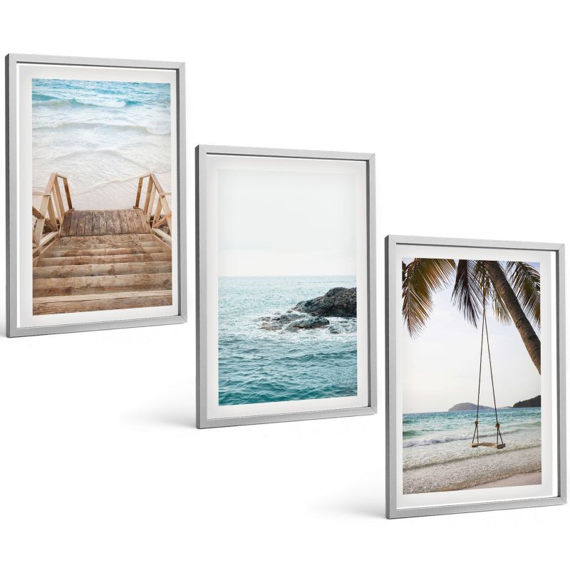 Trzyczęściowy Zestaw Obrazów ArtPrintCave 40x60 cm Srebrna rama Schody plaża morze huśtawka 1 kpl.