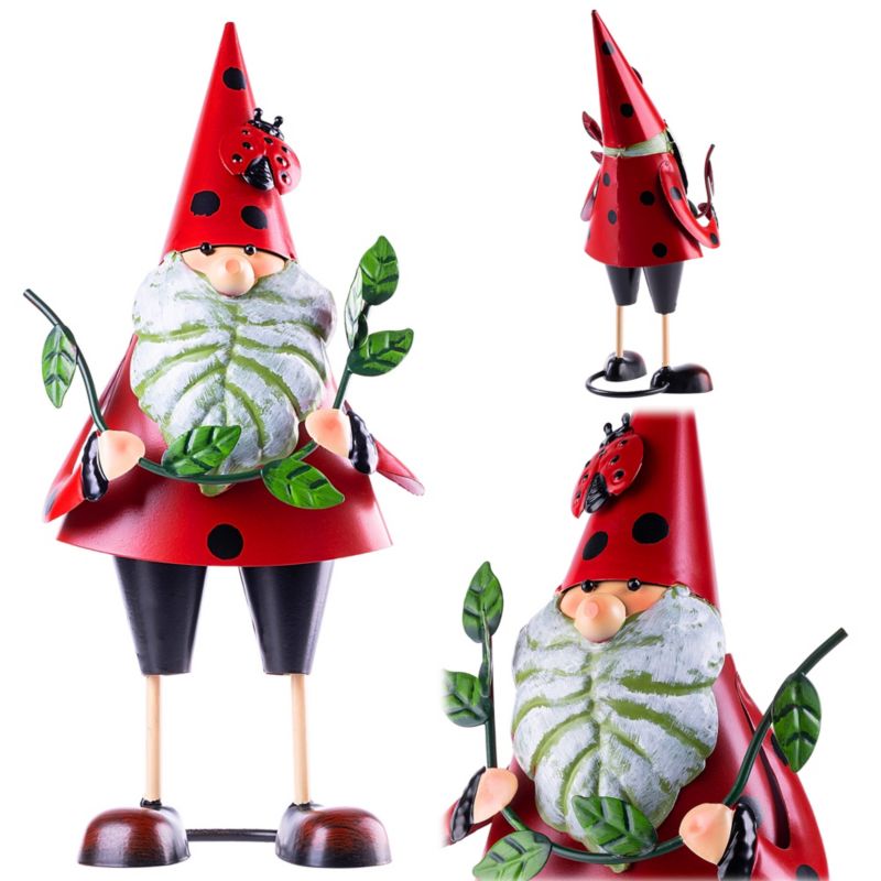 Figura KADAX ogrodowa krasnal 30 cm stalowa czerwona z liścmi, motyw biedronki 1 szt.