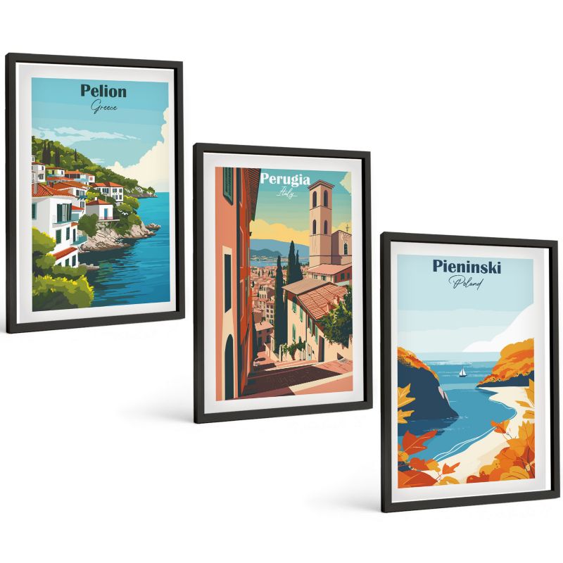 Galeria 3 Obrazów w Czarnej Ramie ArtPrintCave 40x60 cm Komplet ścienny Malownicze retro krajobrazy 1 kpl.