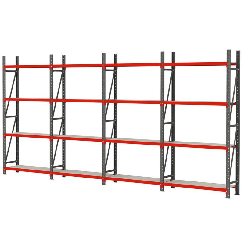 Regał metalowy magazynowy warsztatowy Mega-M FORTIS zestaw cztery moduły 16-półkowy 642,5x40x240cm 1szt.