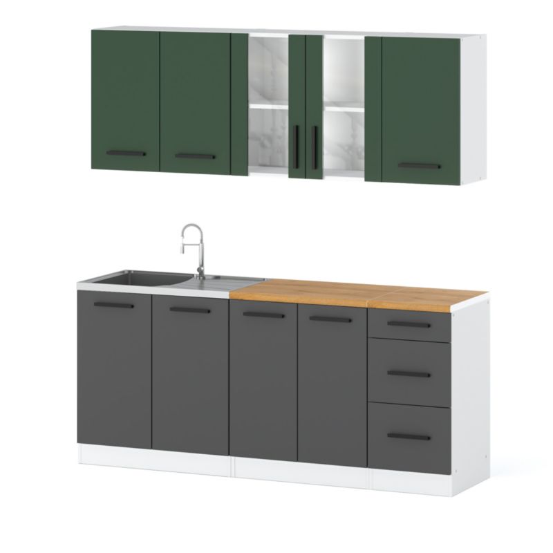 Zestaw Kuchenny Hurtownia-Mebli Z Blatem Kuchnia Rest 200cm Biały Mat Butelkowa Zieleń/Szary Mat 200x47x145 cm 1szt.