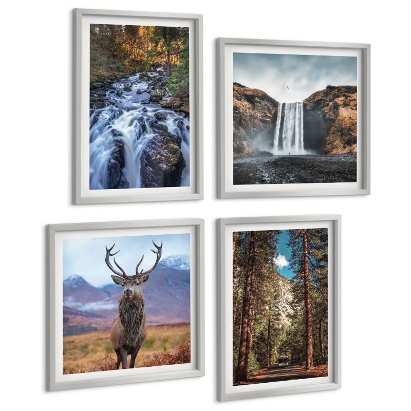 Zestaw 4 Obrazów ArtPrintCave (2x50x50+2x40x60cm) Srebrna rama Wodospad las góry jeleń natura 1 kpl.