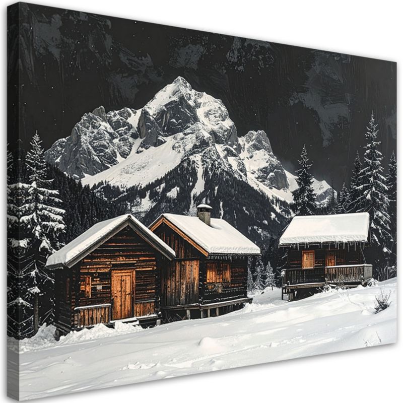 Obraz do salonu jadalni biura kuchni Feeby Pejzaż zima górskie chaty las góry 90x60cm 1szt