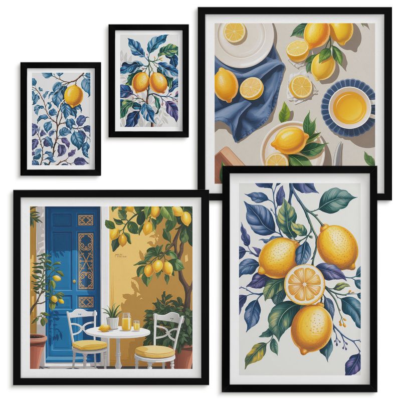 Galeria Obrazów Na Ścianę Wallfluent Zielone oliwki eukaliptus Czarna rama 5 szt.
