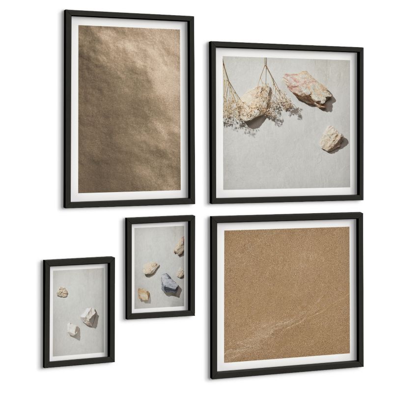 Pięcioczęściowy Zestaw Obrazów ArtPrintCave (2x50x50+2x20x30+40x60cm) Czarna rama Kamienie plaża naturalne struktury 1 kpl.