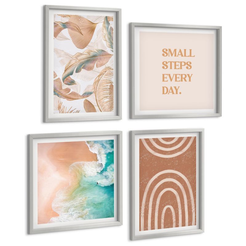 Komplet 4 Obrazów ArtPrintCave (2x50x50+2x40x60cm) Srebrna rama Delikatne boho liście napis 1 kpl.