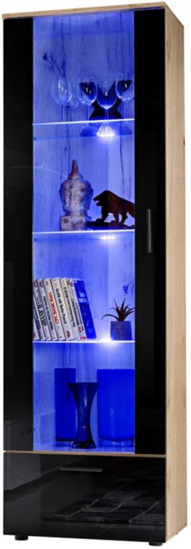 Witryna Szklana Pan Igiełka Regał Salon Dąb Wotan Czarna z Półkami LED 192x60 1 szt.