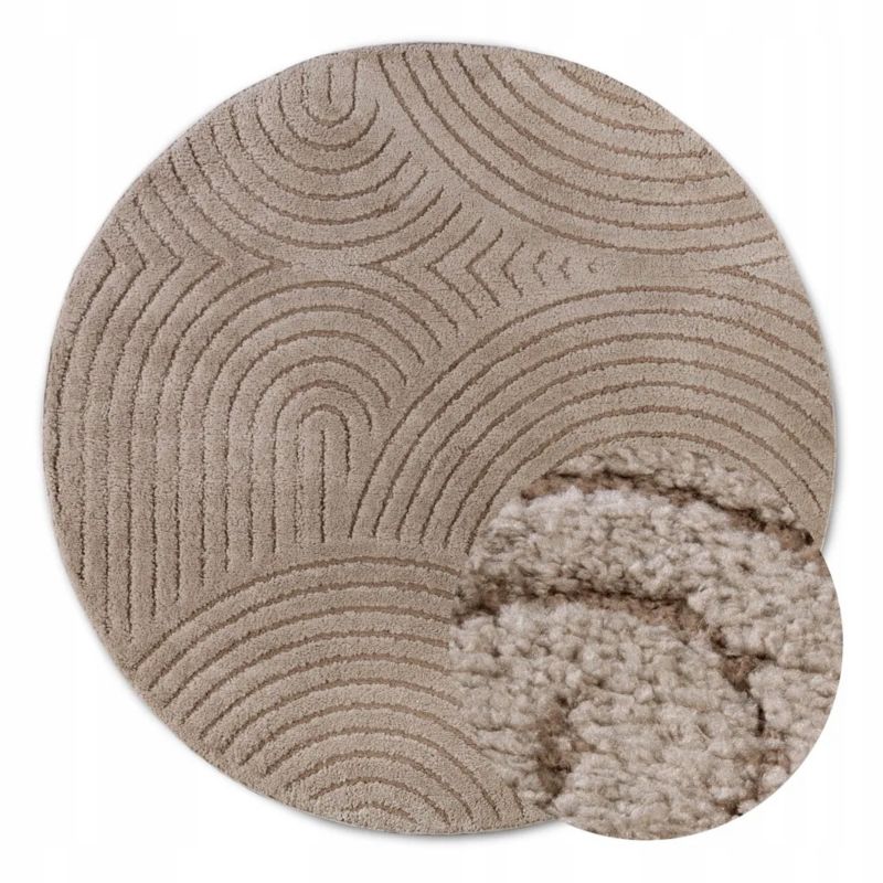 Dywan Elle Decoration okrągły pluszowy do salonu 160cm, miękkie beżowe włosie wycinane 3d 1 szt.