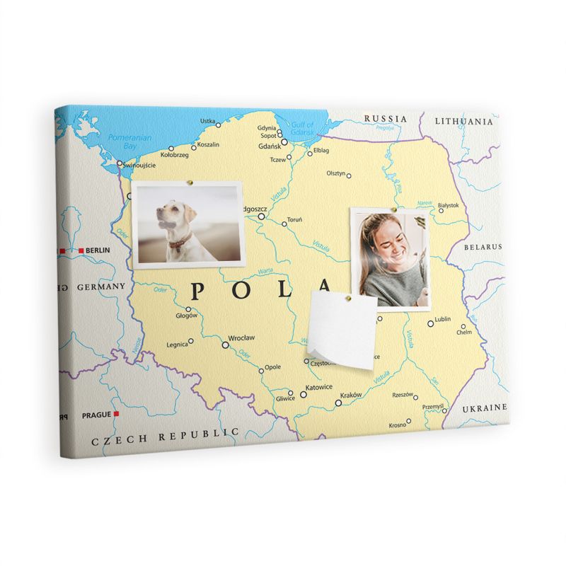 Korkowa Tablica Tulup 60x40 cm Polityczna mapa Polski Do przypinania notatek Pinezki metaliczne 1 kpl