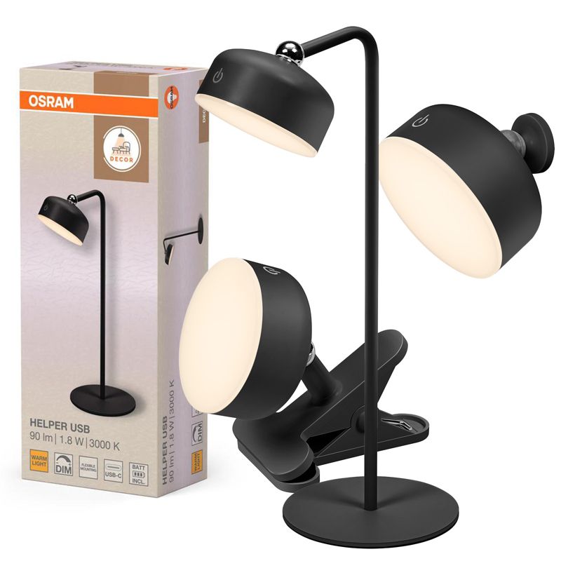 Lampka Biurkowa Osram Decor Helper Gadet Stołowa Regulowana 1.8W 100lm 3000K 114st Akumulatorowe Czarna Ściemnialna 1 szt.